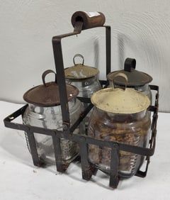 4 Country Store Jars In Wire Carrier