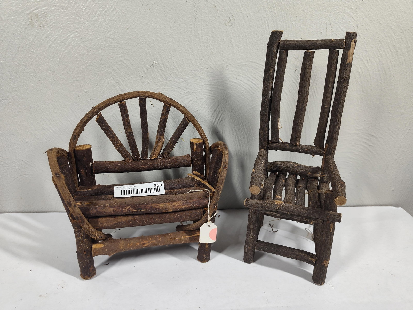 Miniature Grape Vine Bench and Chair: Bench is 9 inches long and chair stands 11.5 inches tall