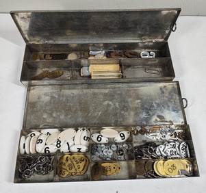 Tin FIle Drawers, Watch Faces, Brass Tags, Keys, and Letters