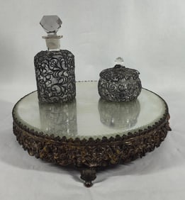 Ornate Pewter over Glass Vanity Bottles & Mirror