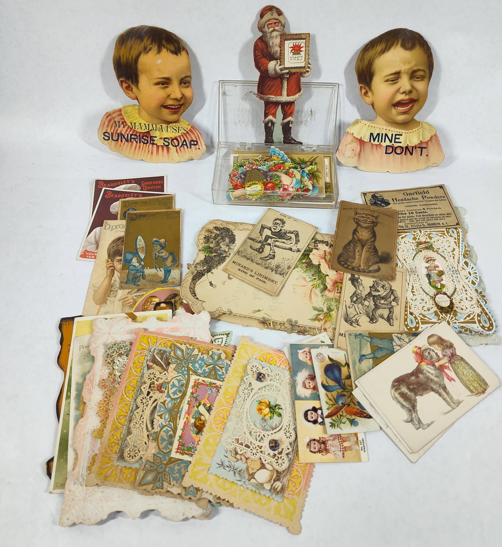 Early 1900s Litho Advertising: 1905 Dunlap Shoes spring catalog, Sunrise soap, handmade cards, and other advertising