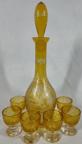 Rare Victorian Amber Bohemian Decanter & 6 glasses