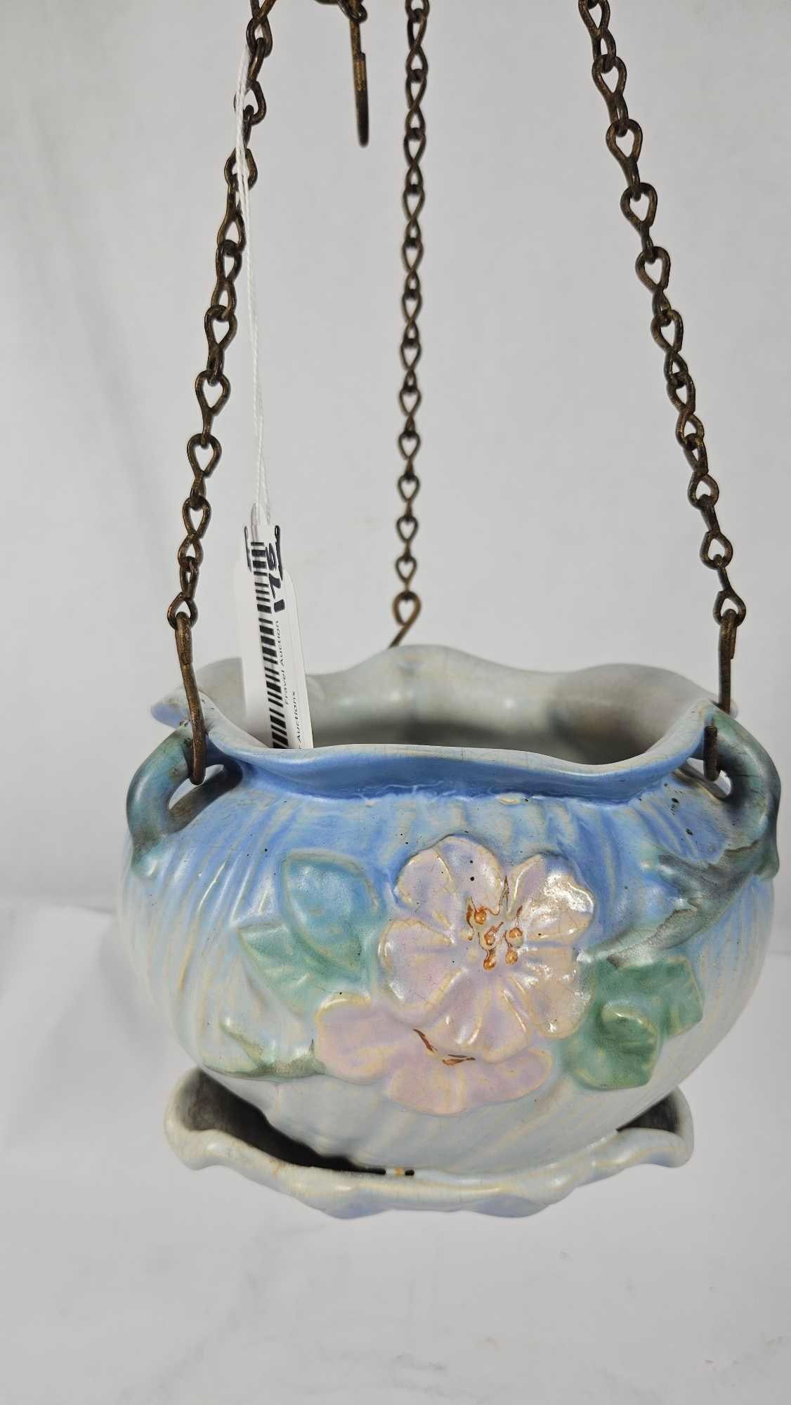 Weller Dogwood Hanging Planter: No large chips or cracks are found, but crazing to glaze is found throughout