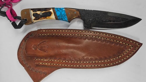 Damascus Drop Point Turquoise and Horn Knife