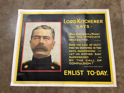 Lord Kitchener Linen Lined Poster: Published by the Parliamentary Recruiting Co. London. Great colorful oversized ad. No 117 42x52