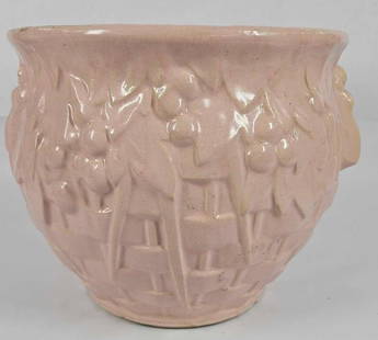 McCoy Pink Basketweave & Berrys Pottery Planter: A small hairline crack and several chips along bottom. 9x10.5