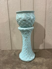 McCoy Turquoise Basket Weave & Berries Pottery Planter & Pedestal