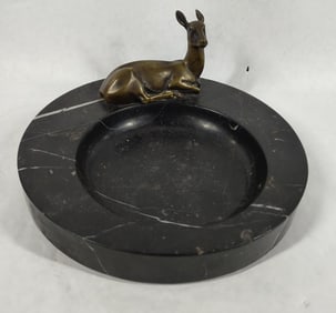 1930s Art Deco Marble Ashtray w Bronze Deer