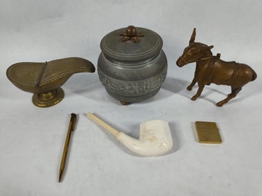 Carved Pipe, Powder Jar, Brass Bank, & More