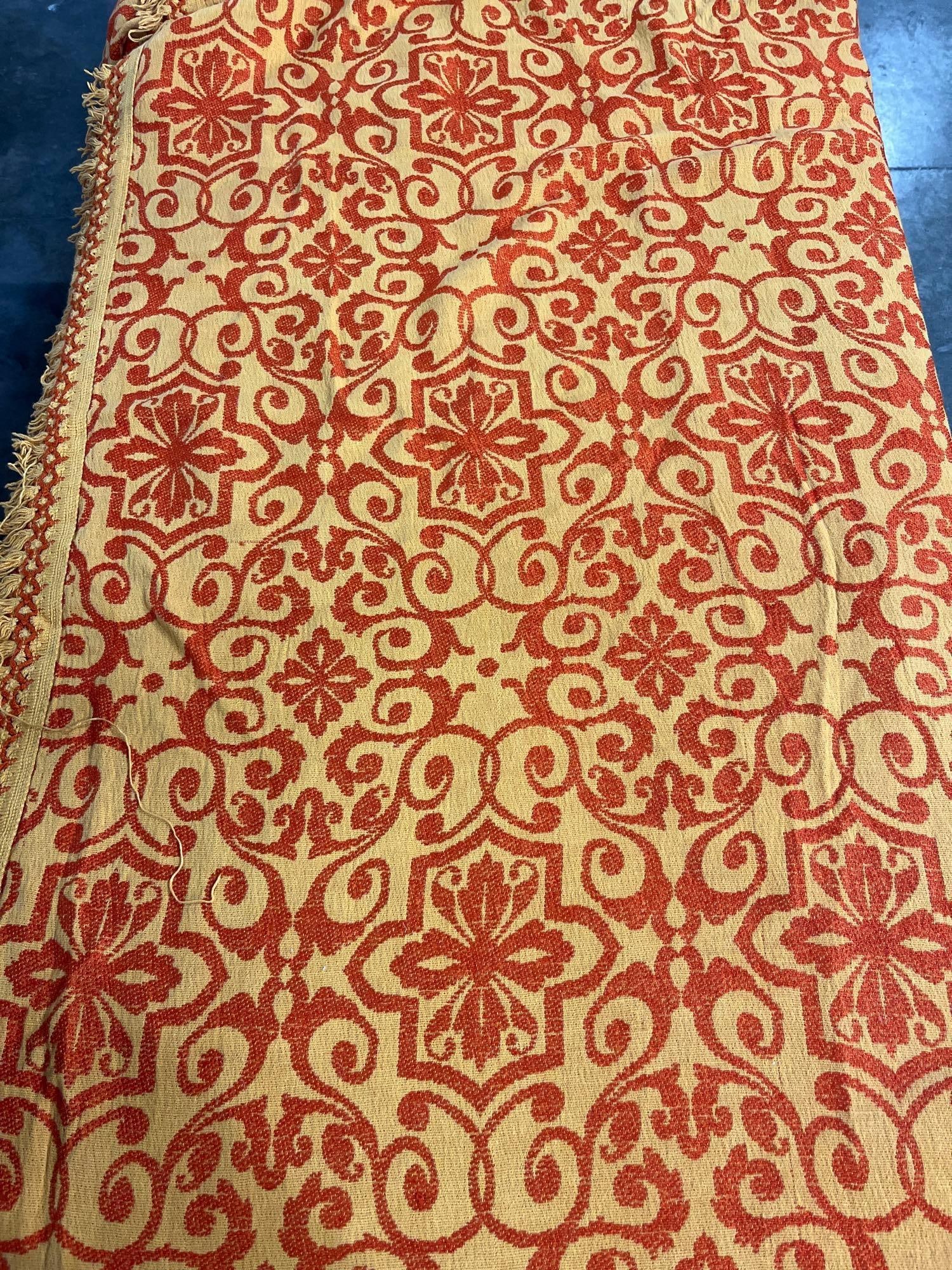 1970s Royal Cannon Bedspread: Beautiful color and condition. approx 90x100, one smaller stain found