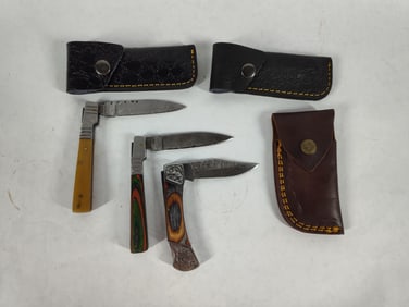 3 Hand Forged Damascus Single Blade Folding Knives