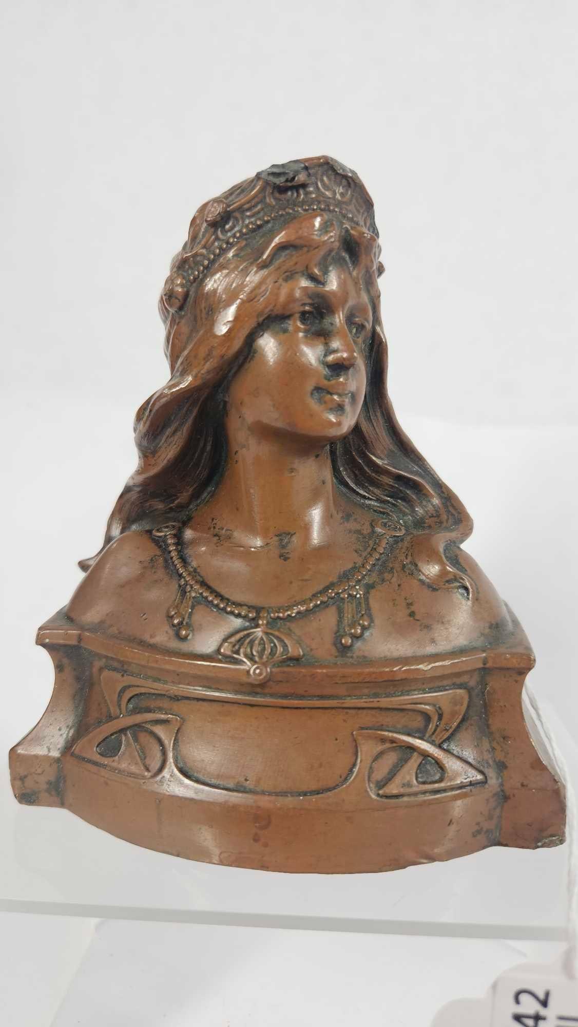Leopold Renard Copper Art Nouveau Bust: Stamped 6021 to bottom. Statue is hollow. 4.5x3.5x2