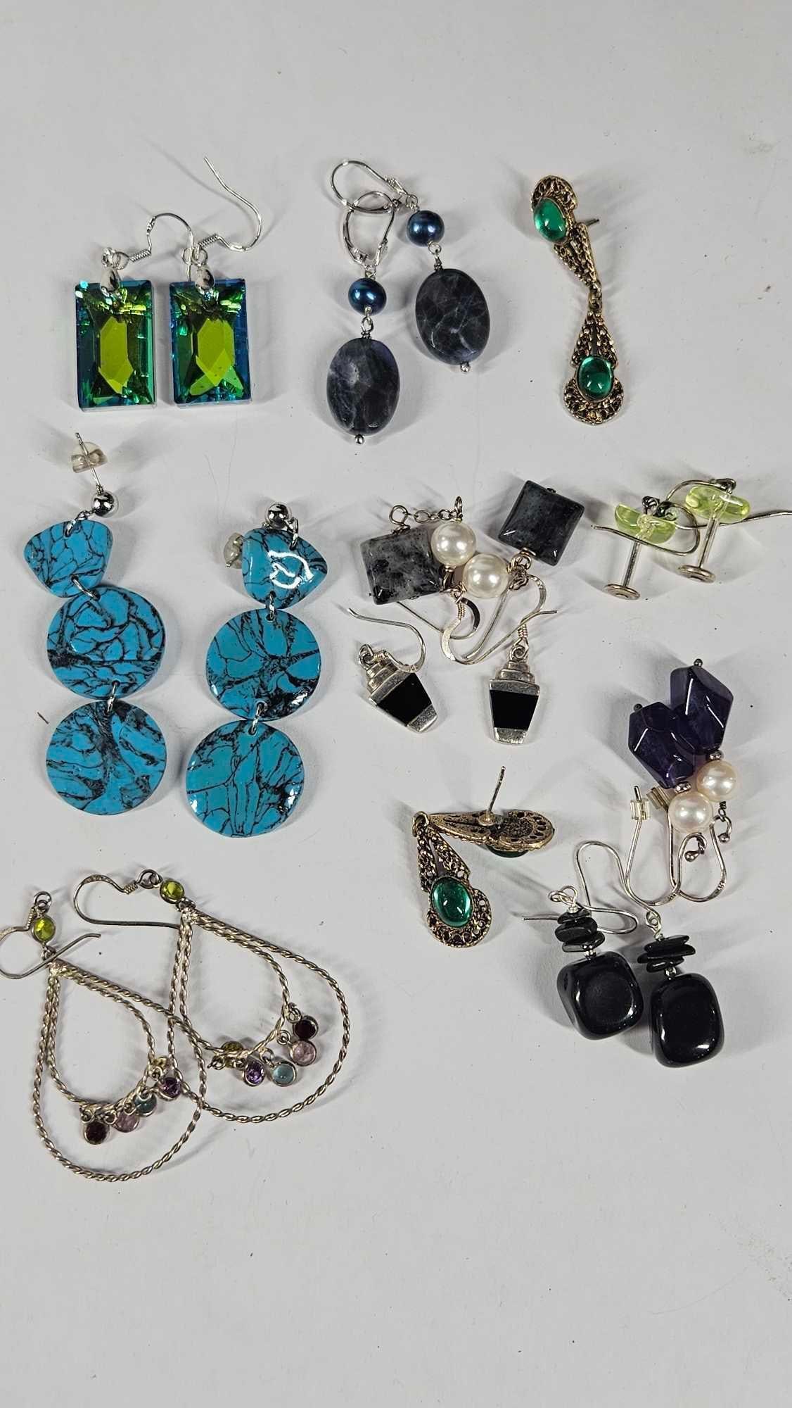 Turquoise, Stone, and Sterling Earrings: Art glass, beaded and more. All marked .925