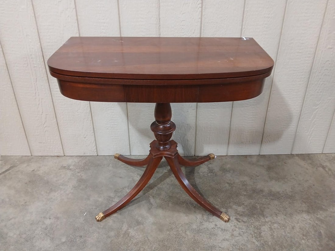 Mid Century Modern Duncan Phyfe Style Gaming Table: Flip open top with brass feet. Turn top reveals interior storage for game pieces. 32x16x29. When open table top is 32x32