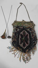 Incredible German Silver Beaded Handbag & Victorian Era Hat Pins