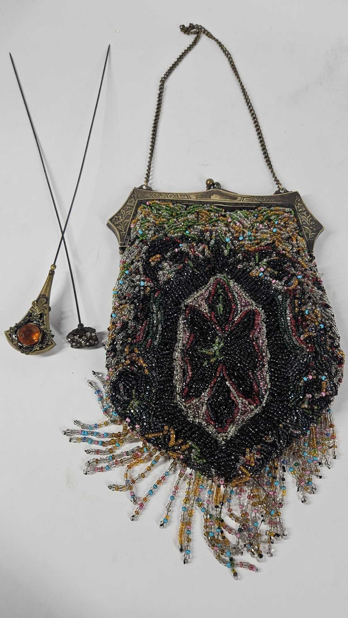 Incredible German Silver Beaded Handbag & Victorian Era Hat Pins (1 of 9)