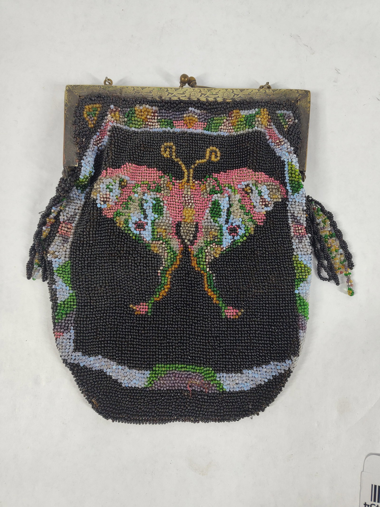 1930s Luna Moth Beaded Handbag: Colorful beaded bag with detailed hardware and impressive luna moth to both the front and frame to rear. 9x7, appears to be in good condition with no loose beads