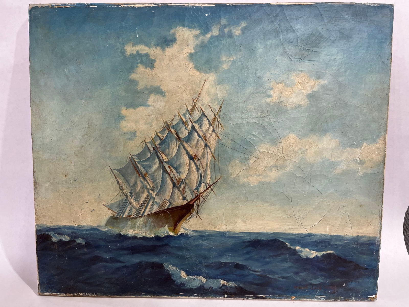 OIl on Canvas Clipper Ship Painting: Artist Robert James Neary. Some crackling to paint due to age. 24x20