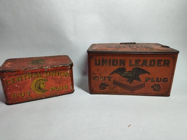 Union Leader & Central Union Cut Plug graphical lidded tobacco tins