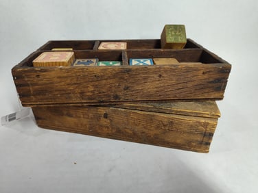 P. Baldji & Sons Figs wood box and early wooden childs alphabet blocks