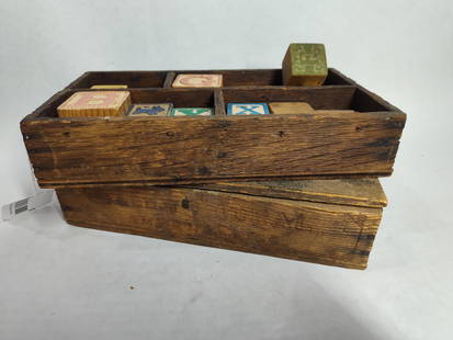 P. Baldji & Sons Figs wood box and early wooden childs alphabet blocks: great early lot as shown in photoslidded fig box is 10.5 W?comparted wood tray with blocks 10.5 W?