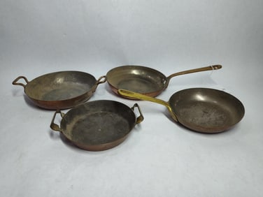 Country Kitchen, Bazar Francals & unmarked copper child skillet set of 4
