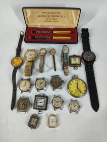 Lot of wrist watches, parts, pens and pocket watch
