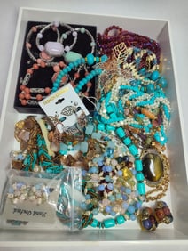 Lot of assorted costume beaded necklaces, bracelets, earrings and more
