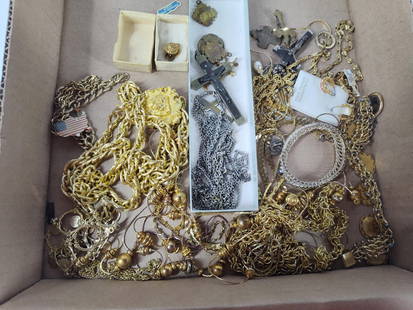 Lot of gold plated chains, bracelets, pendants, rosaries, pins and more: lot is loaded and unsorted please see photos for full lot description