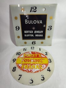 Reverse painted Forst's Formost Franks & Bulova Clock faces