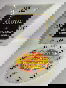 Reverse painted Forst's Formost Franks & Bulova Clock faces: reverse painted glass faces showing some paint loss to Forst&#39;s Pam clock face 14.5D?Bulova reverse painted clock face 15 x? 15