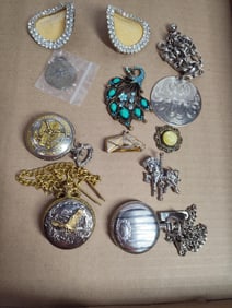 Pocket watch, pins, brooches, shoe clips and more