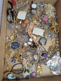 Loaded lot of unsorted jewelry inc. watches, tie tacks, pins, and more