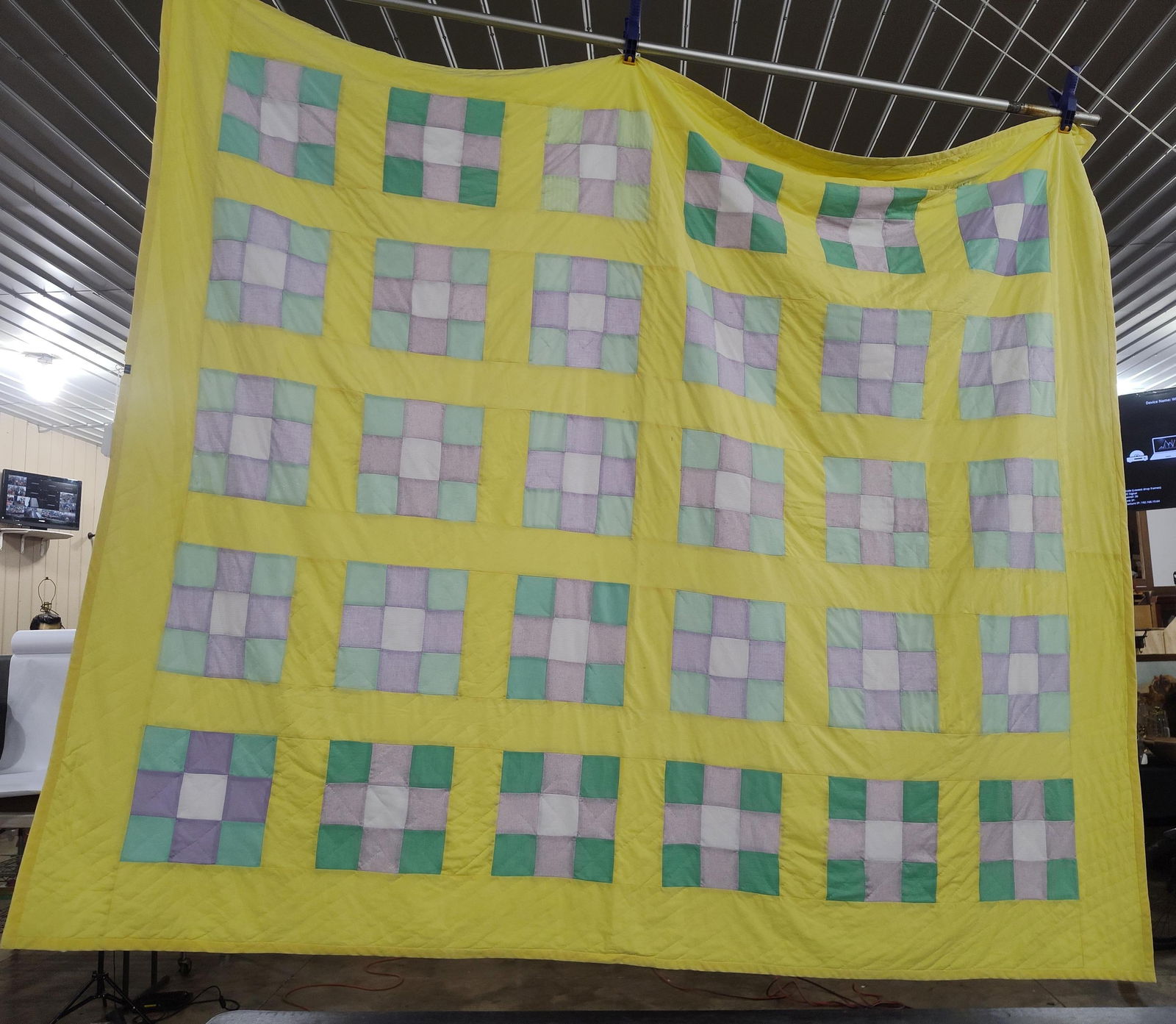 Pastel Checker Quilt: Hand stitched, several minor stains. Approx 70x 88