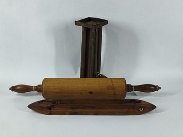 Tin candle mold, wood rolling pin and shuttle