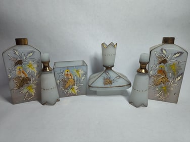 Bristol Glass hand painted glass barber/toiletries graduated bottles with stoppers set of 3