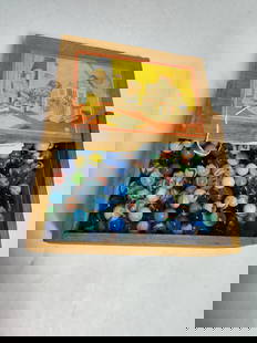 Childs dovetail game box inc. marbles: great original label to top of slide top lid and includes marbles as shown in photos