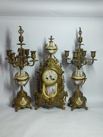 French Porcelain & Gilt Metal Clock and Candelabras