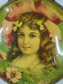 Victorian antique hinged wall hanging double hidden mirror with young girl scene to front