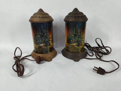 1920's Scene in Motion Forest Fire electrified Lamps Set of 2: both in good working condition and complete with scene inserts?