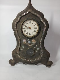 Early iron front wood back mantle clock w/ inlaid mother of pearl