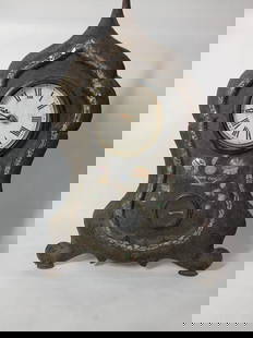 Early iron front wood back mantle clock w/ inlaid mother of pearl: missing face housing/front as seen in photos showing rusting and soiling but very early?20 H?