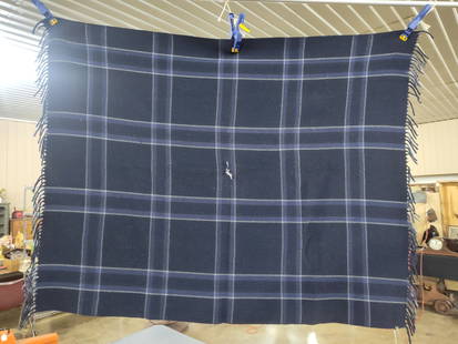 English wool plaid fringed lap blanket: rich blue and green color made by local Zoar artisan?showing one holes in the center and?only small area of staining?50 x 64