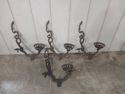 Ornate Cast Iron Oil Lamp Brackets: Each bracket is 21x15. Wall mounts are not included. Pat date is 1874. Several have been repaired.