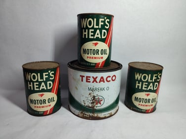 Texaco and Wolf's Head motor oil and grease can lot