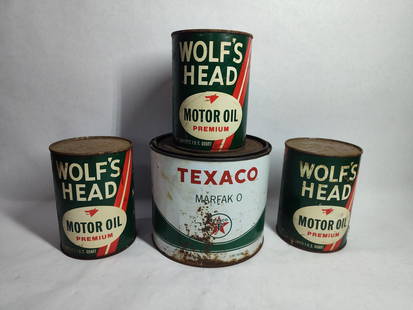 Texaco and Wolf's Head motor oil and grease can lot: includes 3 unopened Wolf&#39;s Head motor oil cans including productone 6 lb Texaco grease can empty of product?