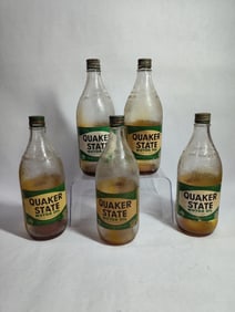 Original Quaker State 1 QT. glass motor oil bottles w/ original labels (5)