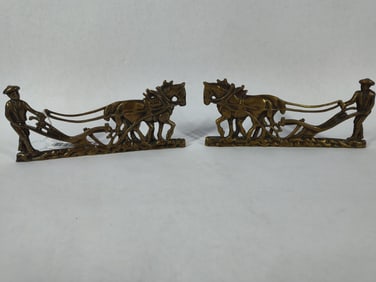 Brass horse drawn plow and farmer bookends