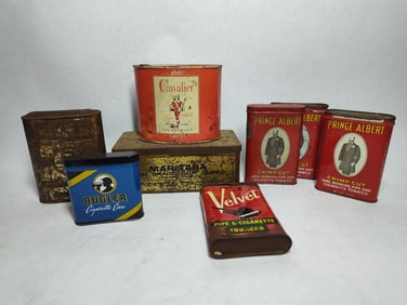 Great tobacco tin lot inc. Prince Albert, Velvet, Bugler, Cavalier and more