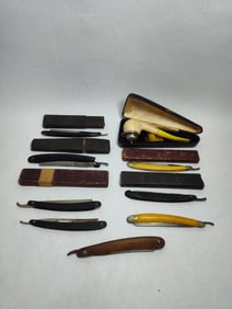 Lot of 8 early barbers folding straight razors some with original cases